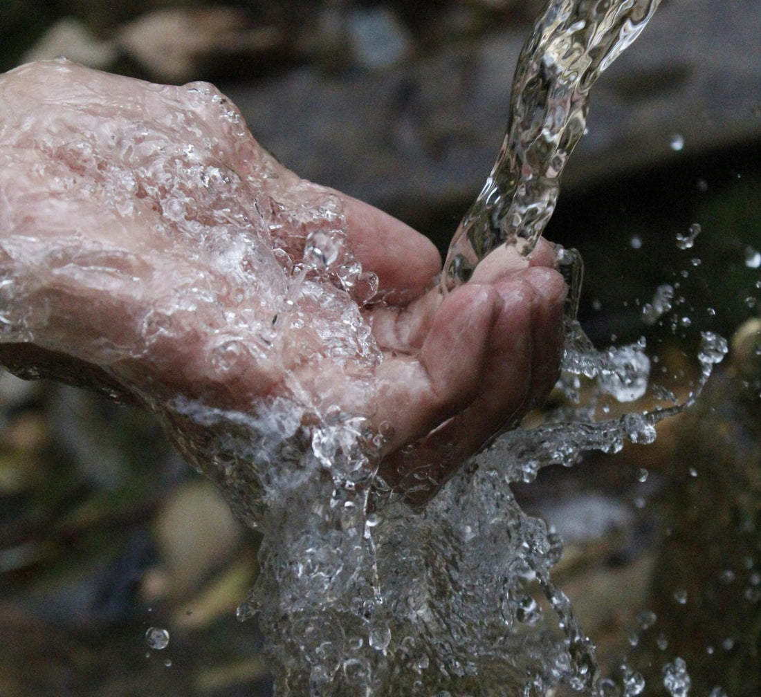 Hand touching flowing water, symbolizing efficient hydration and sustainable gardening practices.