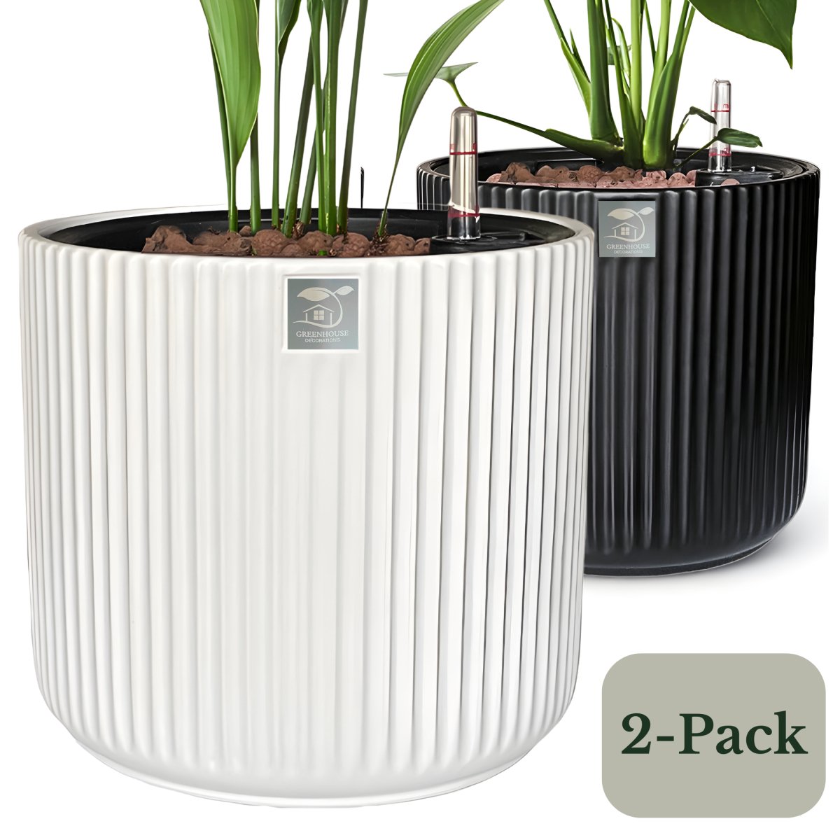 Versatile black & white ceramic self-watering planters, 2-pack with water level indicator