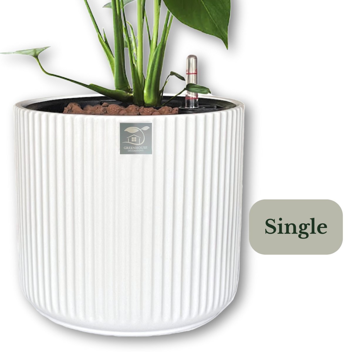 Elegant white self-watering ceramic pot, perfect for indoor herbs and low-maintenance plants