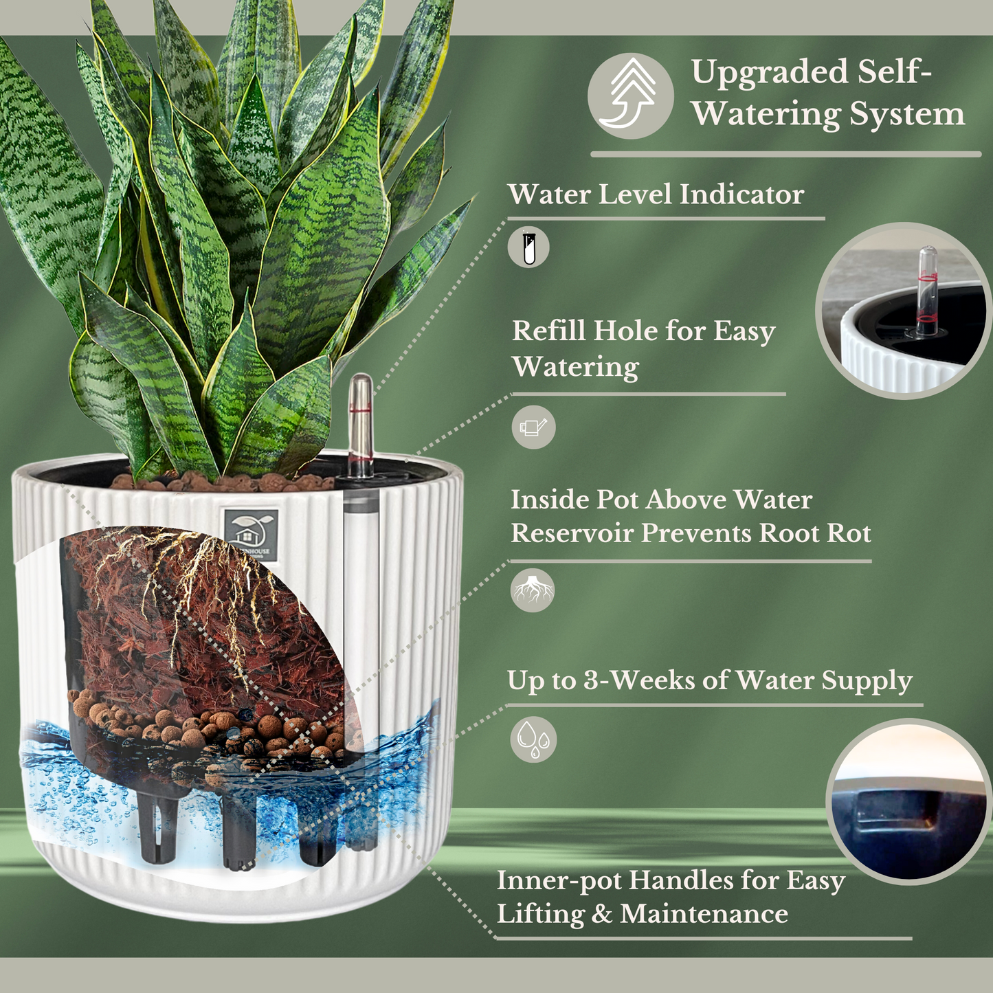 Sleek Onyx Black Ceramic Self-Watering Pot for Indoor Plants – Low Maintenance, Modern Design